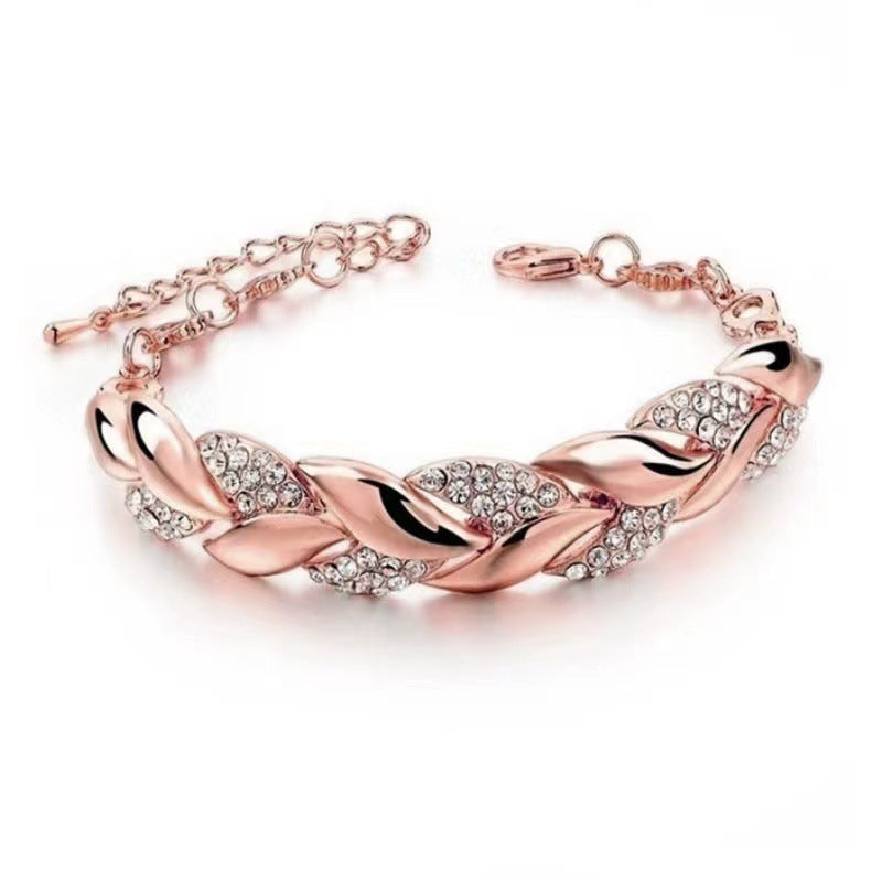 Elegant Leaf Zircon Inlay Adjustable Gold Bracelet for Women