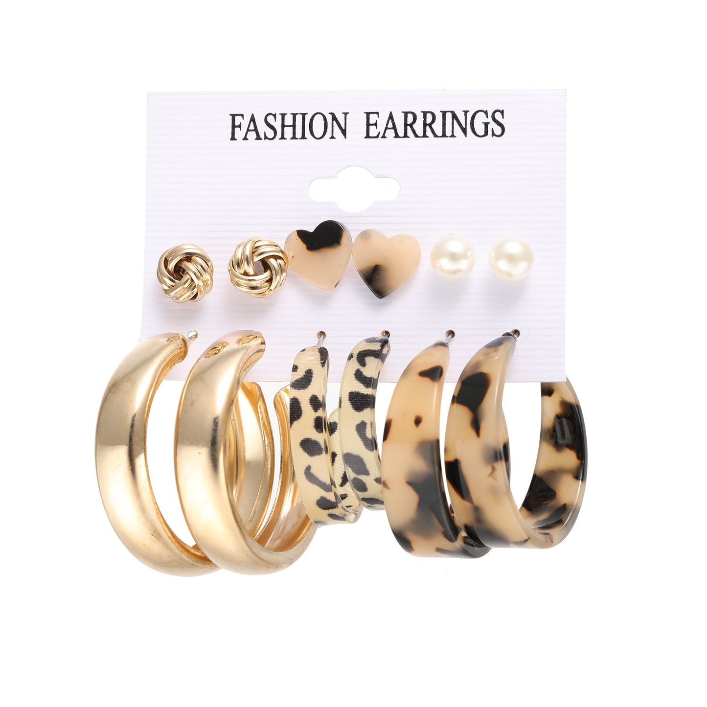 Elegant Geometric Butterfly and Leopard Print Pearl Earring Set - 6 Pairs