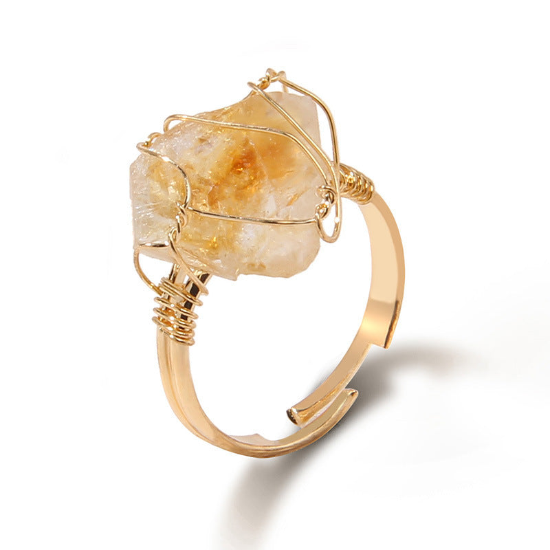 Yellow Citrine Wire Wrapped Irregular Crystal Ring