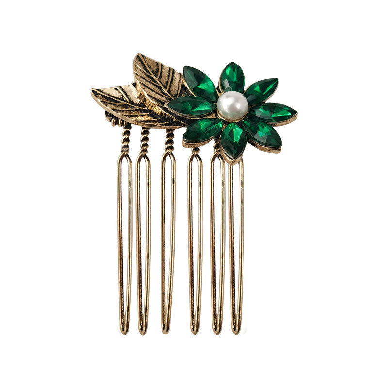 Retro Diamond Pearl Leaf Hair Comb Clip