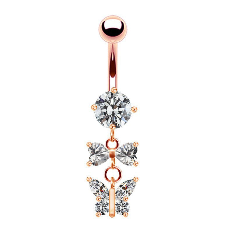 Elegant Butterfly Moon Zircon Belly Ring - Rose, White, Gold Plated Navel Jewelry