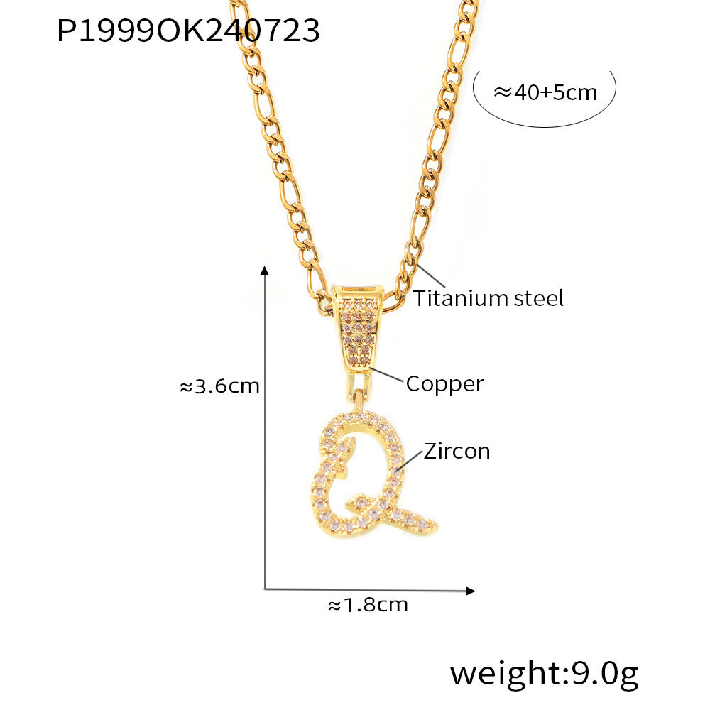 18K Gold Plated Titanium Steel Cursive Letter Pendant Necklace with Zircon Accents