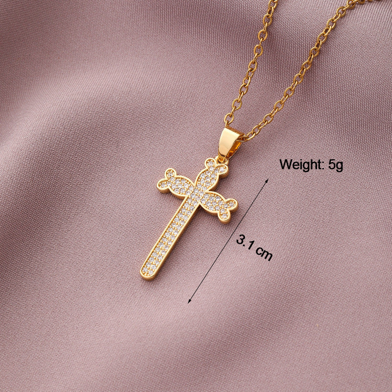 Copper Plated Zircon Cross Pendant Necklace for Men and Women