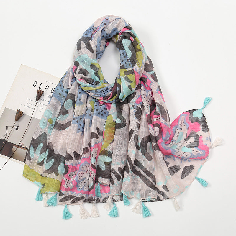 Women's Vintage Bohemian Floral Cotton Linen Print Scarf with Tassels