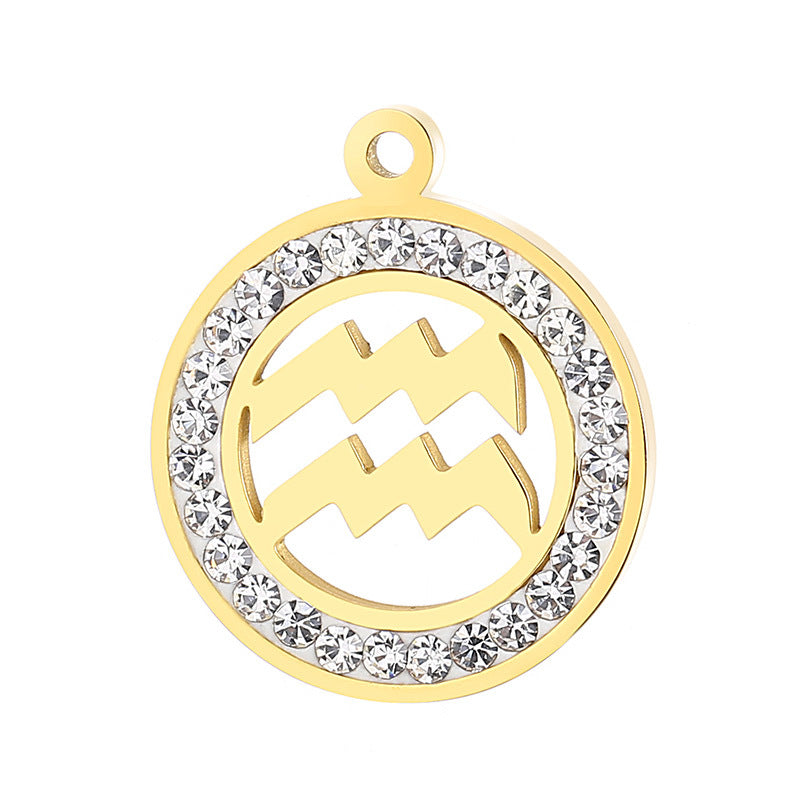 Classic Stainless Steel Zodiac Constellation Pendant Necklace with Rhinestone Inlay