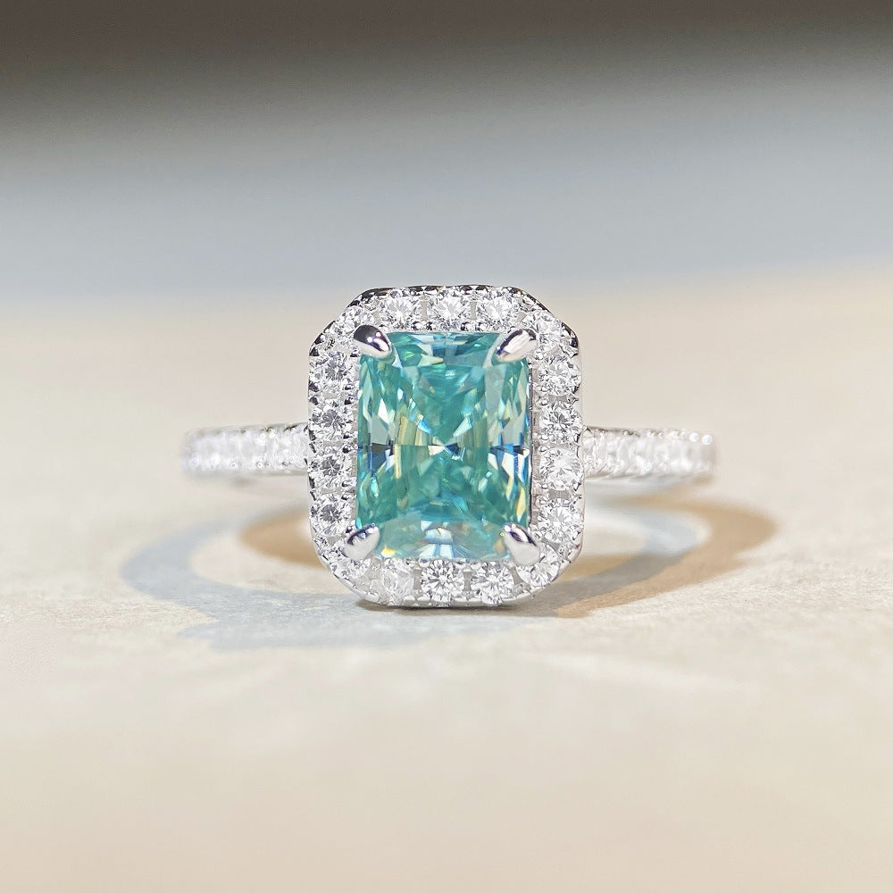 Radiant Cut Moissanite Ring with Paraiba Mint Green Square Inlay in Sterling Silver