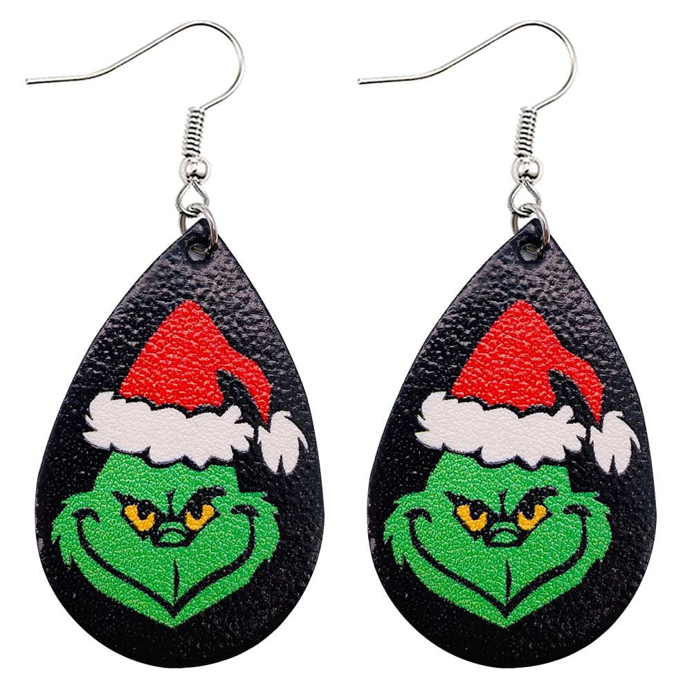 Novelty Christmas Green Frog PU Leather Water Droplet Earrings for Women