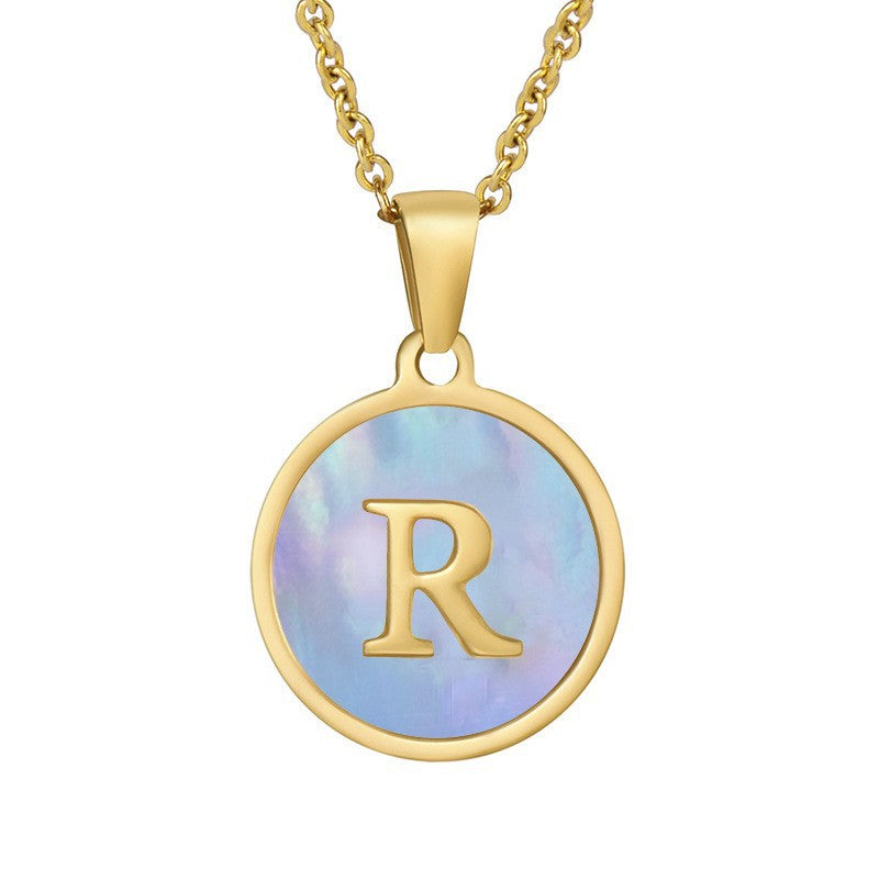 Titanium Steel Blue Shell Initial Pendant Necklace