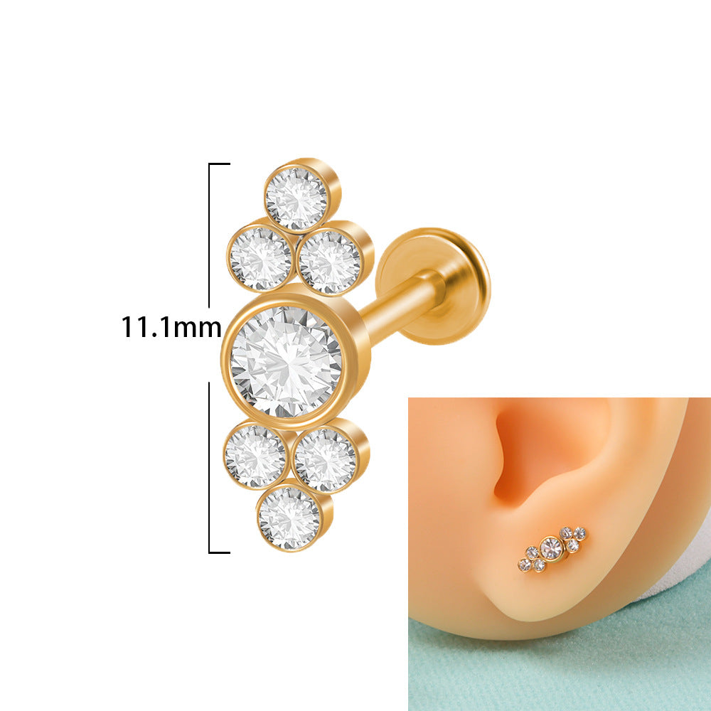 18K Gold Plated Geometric Stainless Steel Lip and Ear Stud Set with Rhinestones