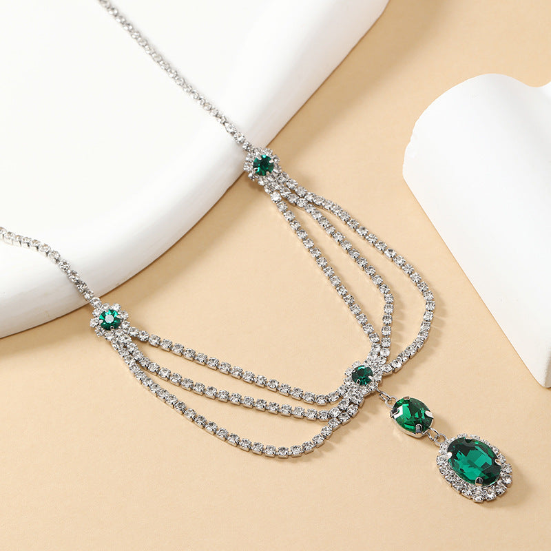 Elegant Luxurious Silver Plated Rhinestone Jewelry Set with Emerald Zirconia Necklace and Earrings