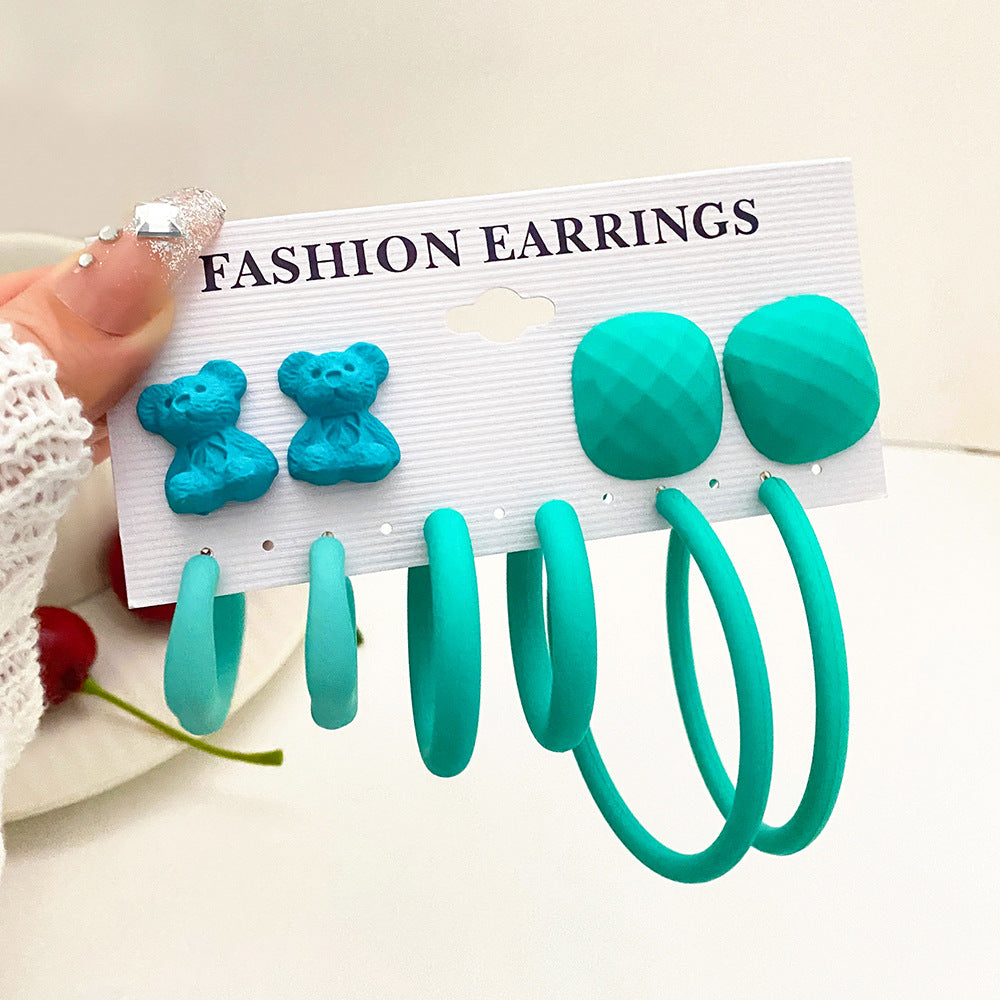 INS Style Cartoon Bear & Heart Shape Alloy Earrings Set - Valentine's Edition Statement Jewelry