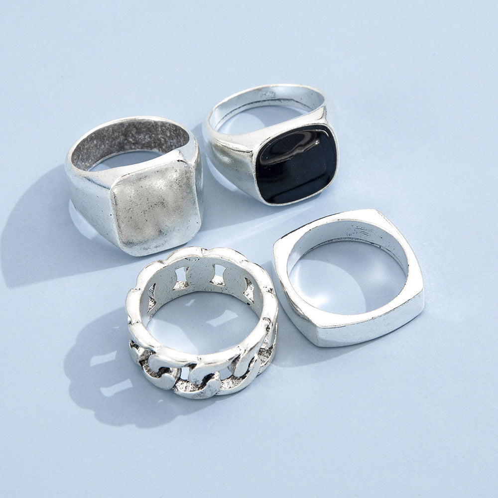 Punk Hip Hop Vintage Geometric Metal Ring Set - Four Piece Collection