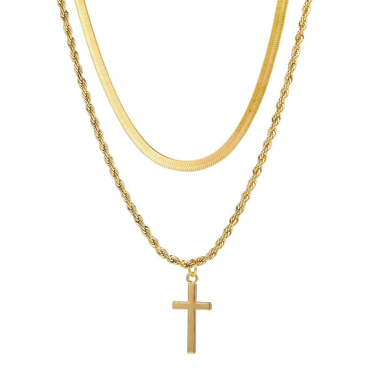 Simple Classic Cross Gold Plated Layered Necklace with Pearl Pendant