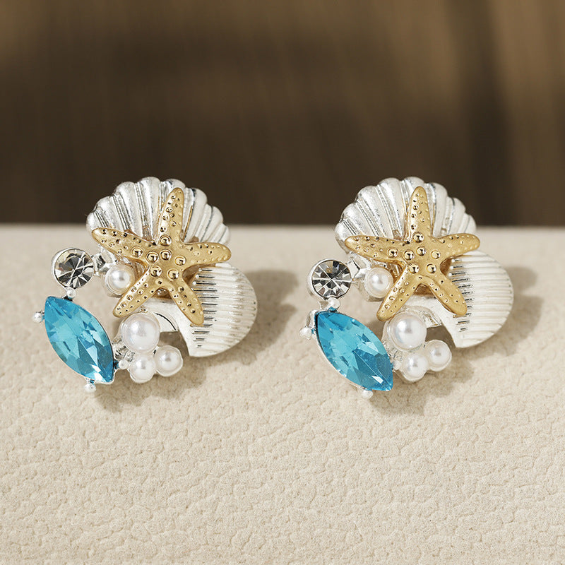 Marine Style Starfish Stud Earrings with Shell Pearls and Gemstones