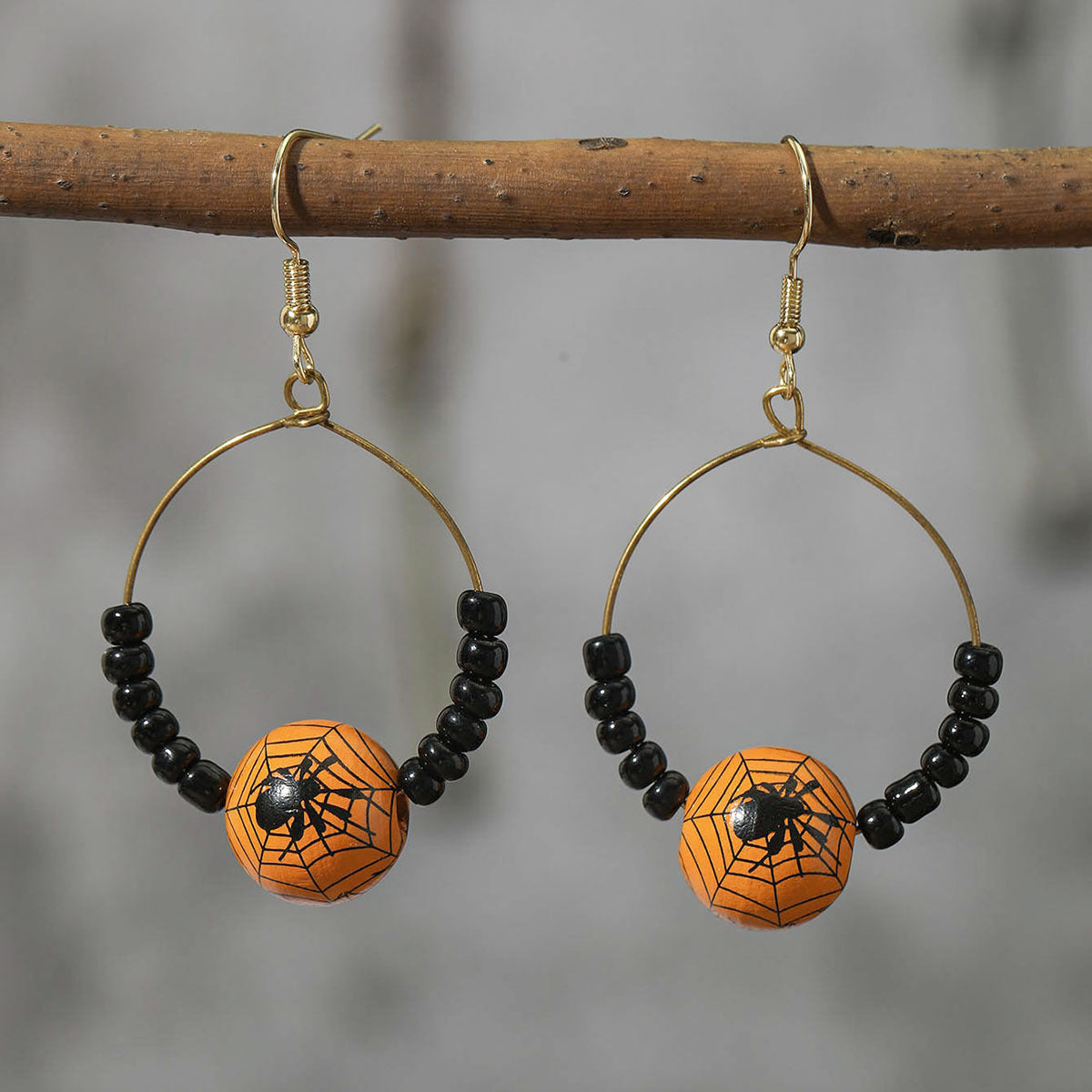 1 Pair Halloween Pumpkin Spider Web Wood Drop Earrings