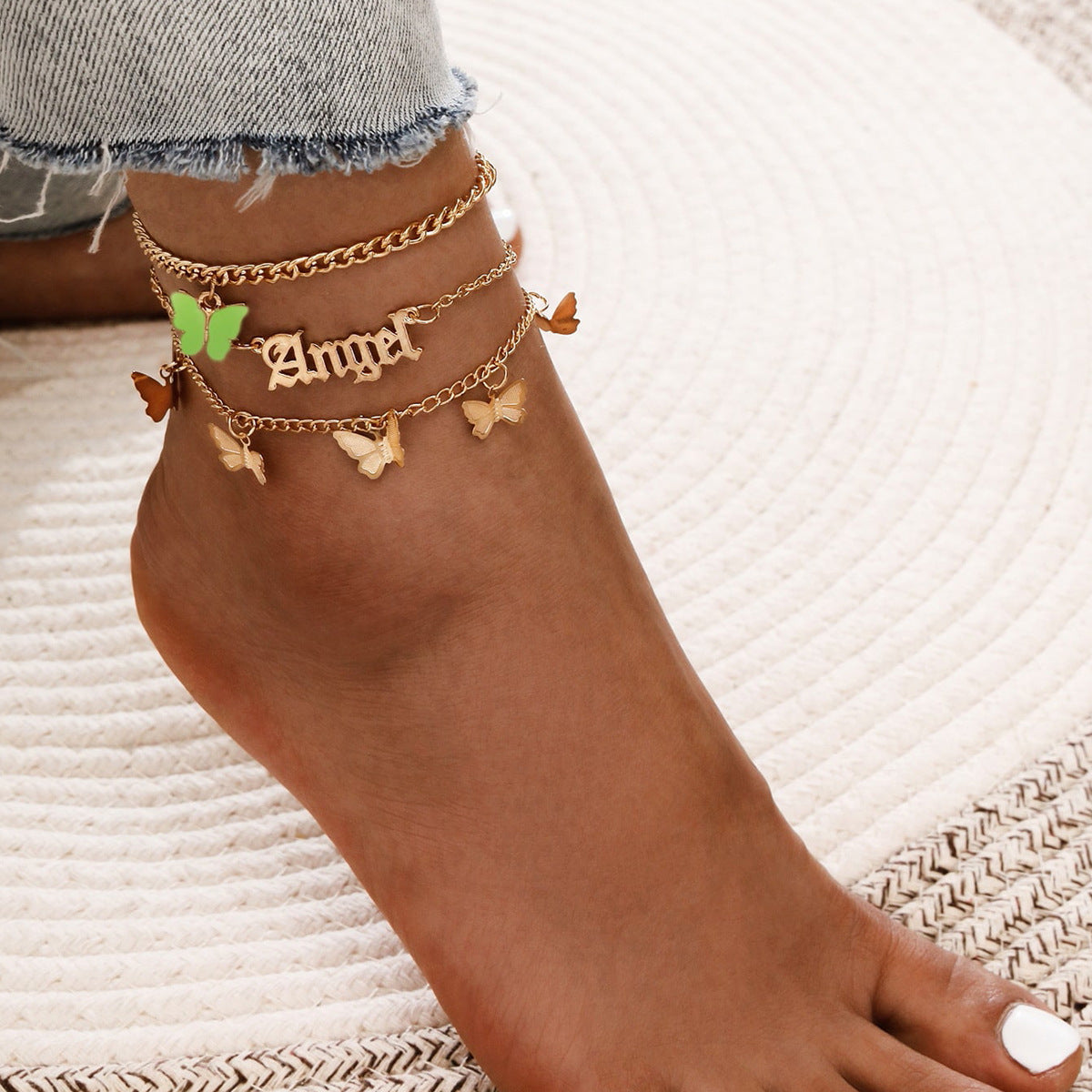 Simple Sweet Acrylic Butterfly Angel Pendant Flower Tassel Anklet Set