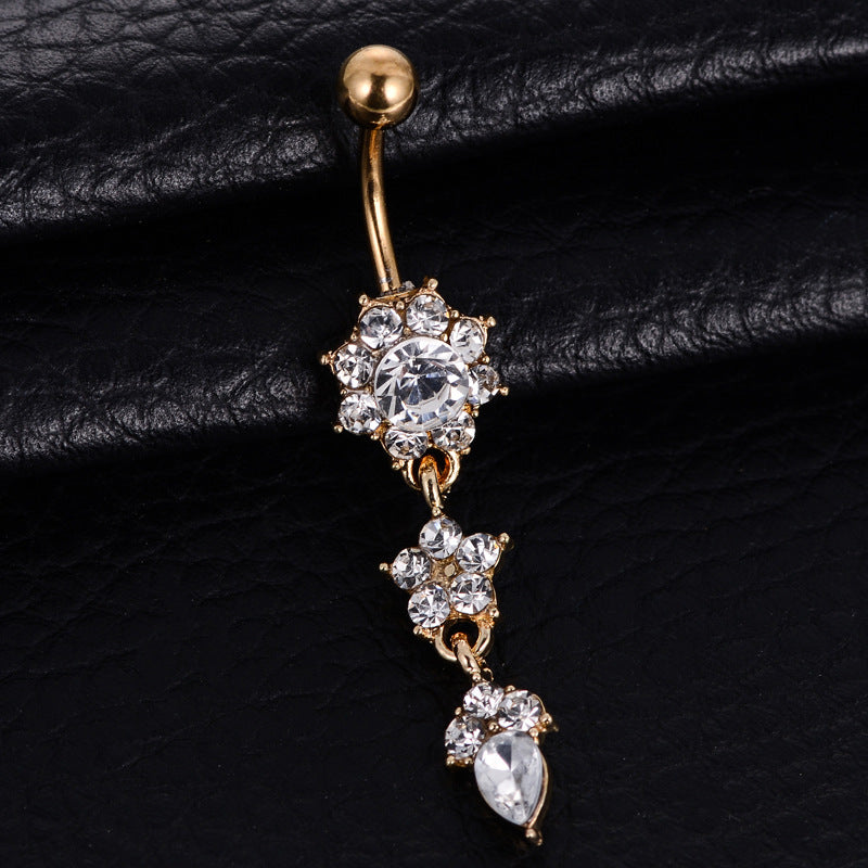 Elegant Water Drop Flower Pendant Belly Button Ring with Diamond Accents