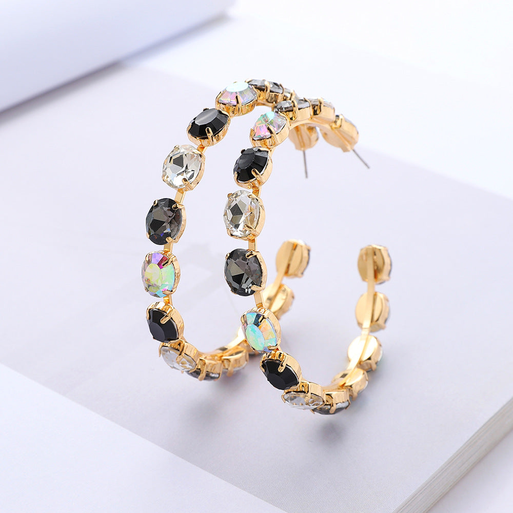 Retro Semicircle Zinc Alloy Hollow Out Studs & Colorful Glass Rhinestone Hoop Earrings