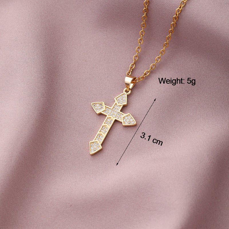 Copper Plated Zircon Cross Pendant Necklace for Men and Women