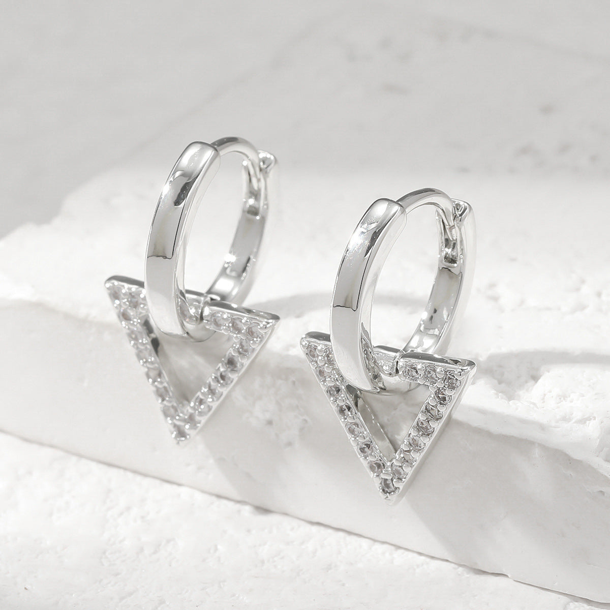 Elegant Geometric Triangle Zircon Drop Earrings in White Gold Plated Copper