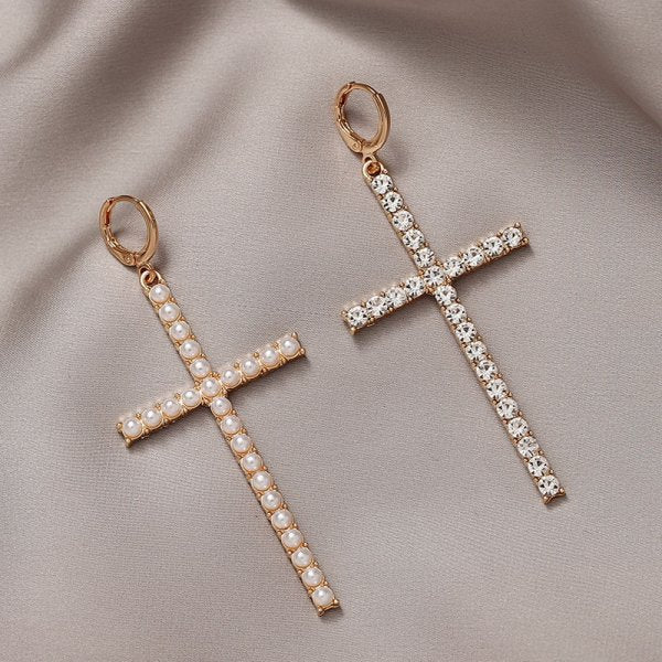 1 Pair Classic Cross Inlay Rhinestone Pearl Drop Earrings