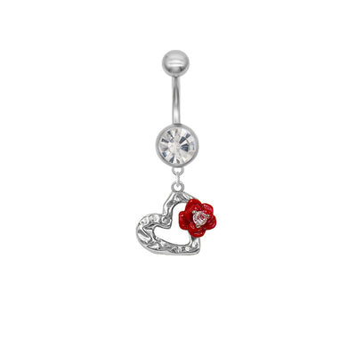 1 Piece Heart Shape Rose Bow Knot Belly Ring - 316 Stainless Steel with Rhinestones and White Gold Plating