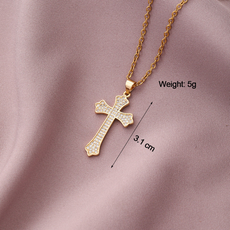 Copper Plated Zircon Cross Pendant Necklace for Men and Women