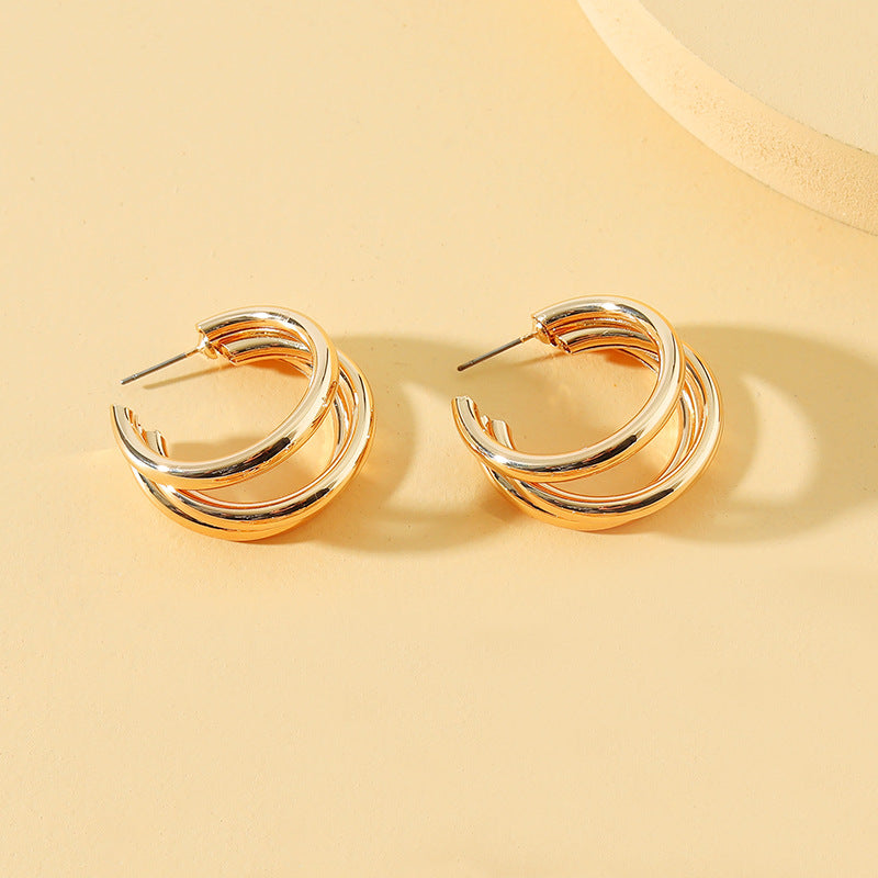 Korean Geometric Triple Circle Alloy Earrings - Trendy Vintage Style