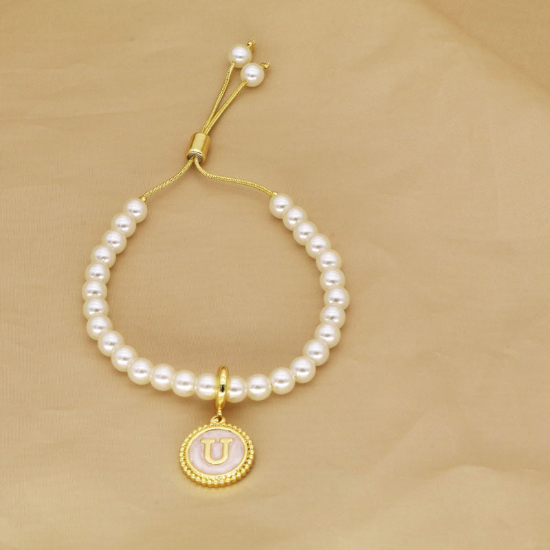 18K Gold Plated Adjustable Letter Pendant Imitation Pearl Bracelet