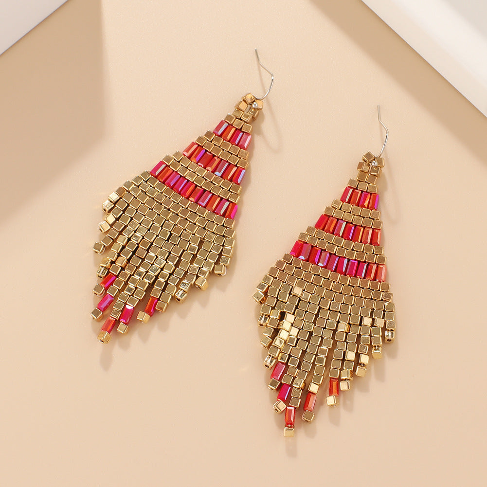 Bohemian Color Block Seed Bead Tassel Earrings