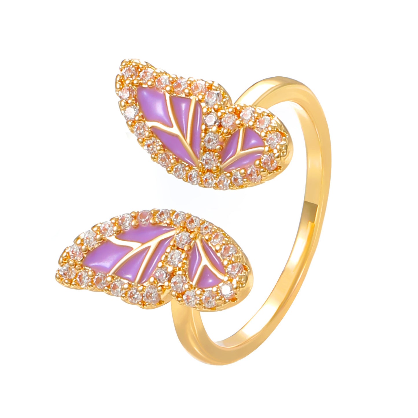 IG Style Geometric Butterfly 14K Gold Plated Open Ring with Zircon and Pearl Inlay