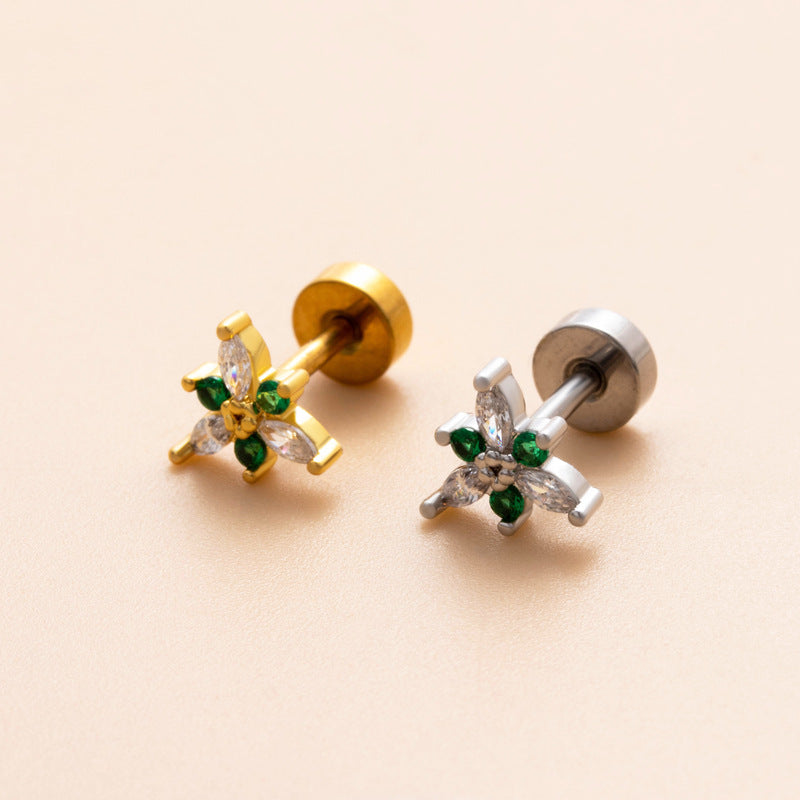 18K Gold Plated Geometric Flower Zircon Ear Cartilage Studs with Stainless Steel Rod