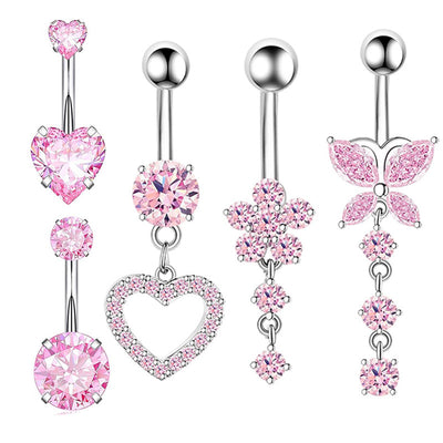 Heart Shape Belly Ring Set - 316 Stainless Steel with Inlay Zircon