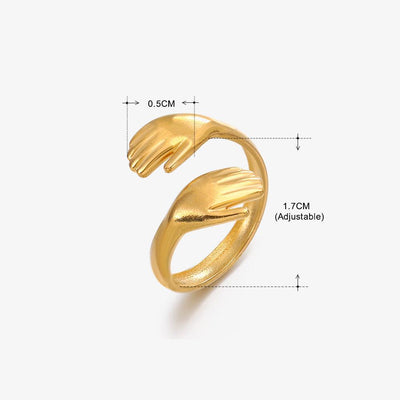 18K Gold Plated Stainless Steel Adjustable Open Palm Hug Ring for Women