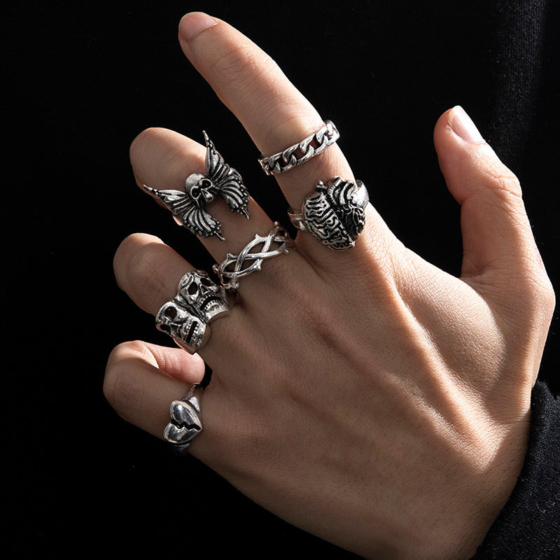 Creative Punk Skull Joker Ring Set - Double Chain & Statement Pieces