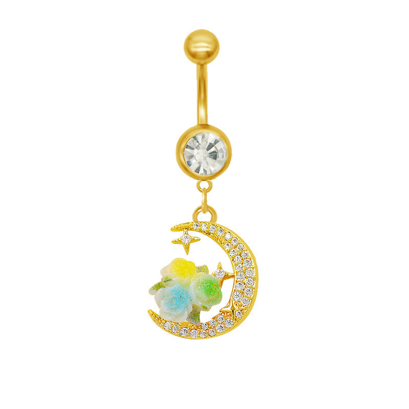 Moon Design Belly Ring - 316 Stainless Steel with Resin Rhinestones and Gold Plating