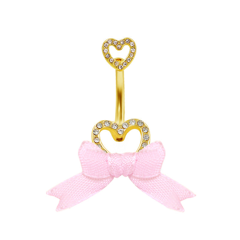 1 Piece Belly Rings IG Style Shiny Heart Shape Bow Knot 316 Stainless Steel  Alloy Inlay Rhinestones Glass Gold Plated