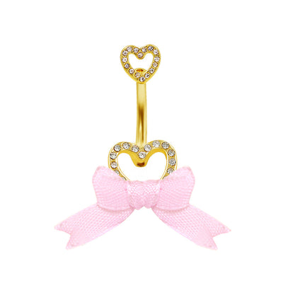 IG Style Shiny Heart Bow Knot Belly Ring 316 Stainless Steel with Rhinestones Gold Plated