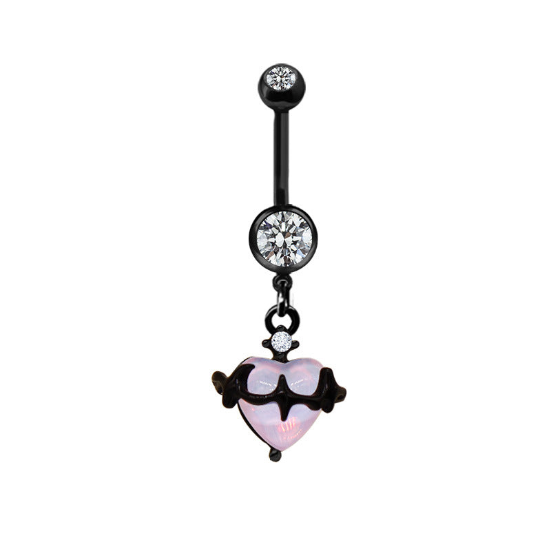 Moon & Heart Shaped Belly Ring with Rhinestones - White Gold Plated