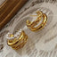 1 Pair Elegant C Shape 24k Gold Plated Copper Pearl Weave Hoop Earrings