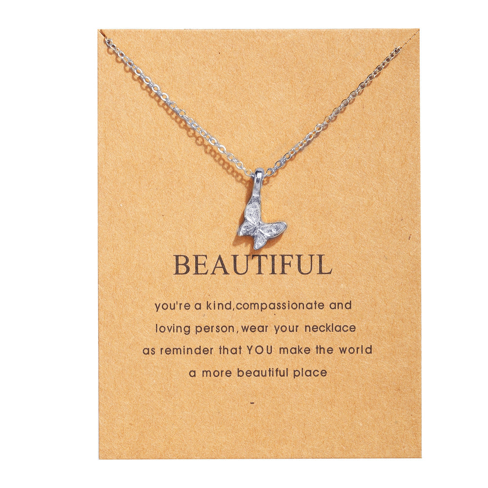 Creative Pearl Feather Clavicle Chain Retro Letter Paper Card Butterfly Elephant Cat Alloy Necklace