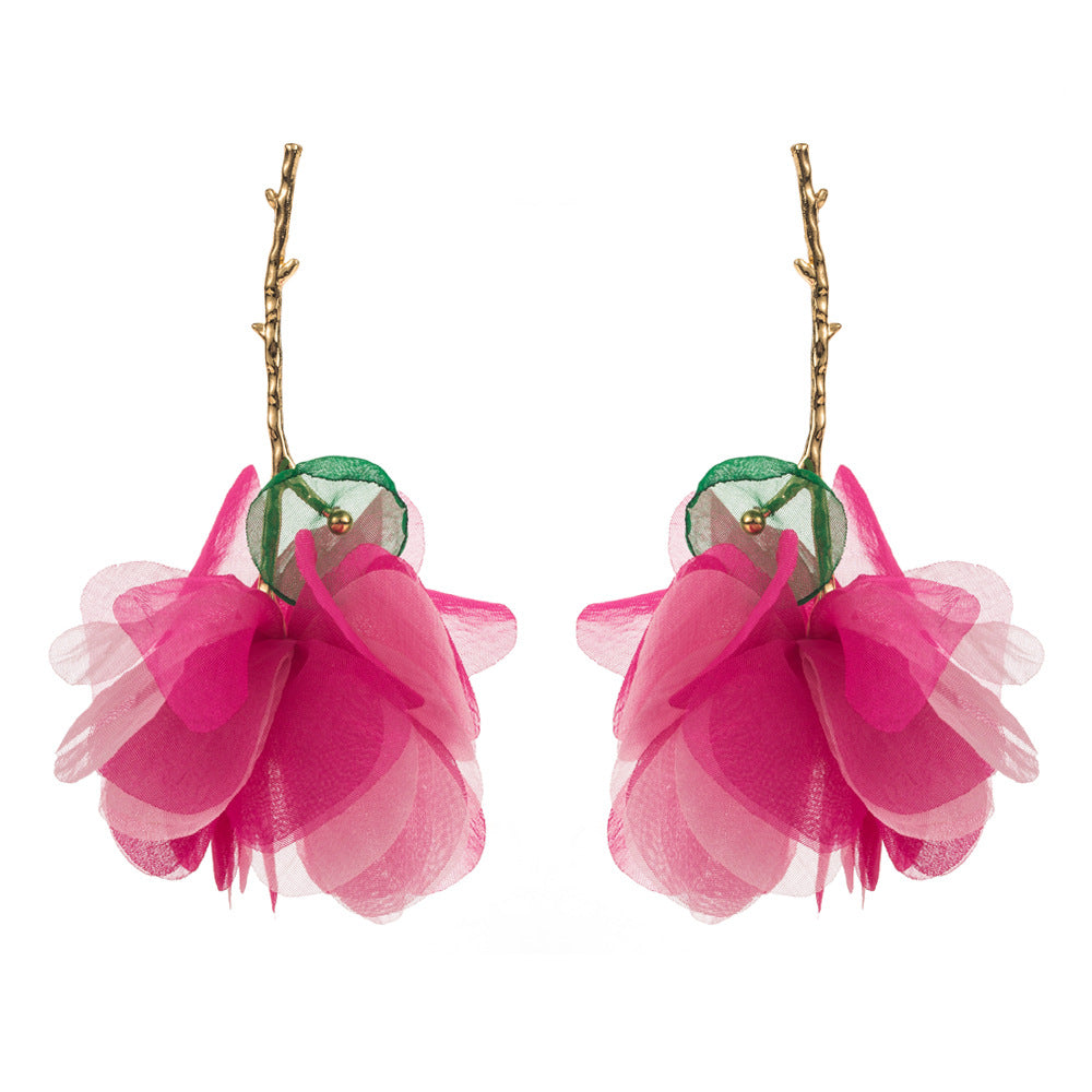 Elegant Tropical Flower Tassel Drop Earrings - Gold Plated Alloy Design