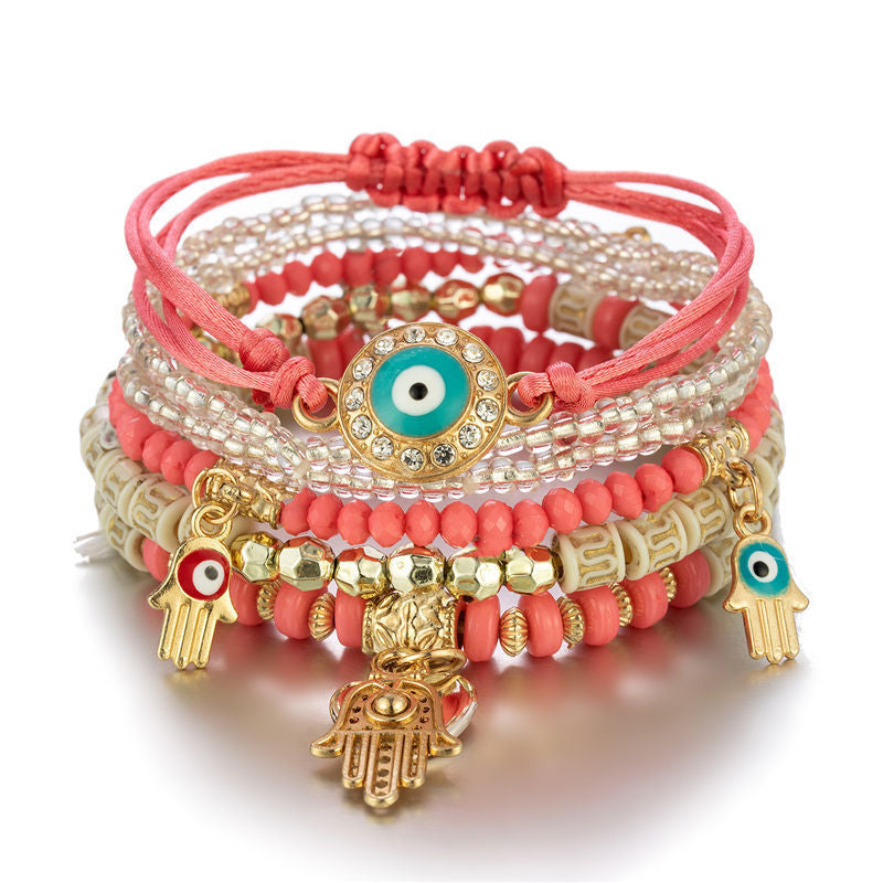 Bohemian Evil Eye Palm Multi-Layer Beaded Bracelet Set for Women