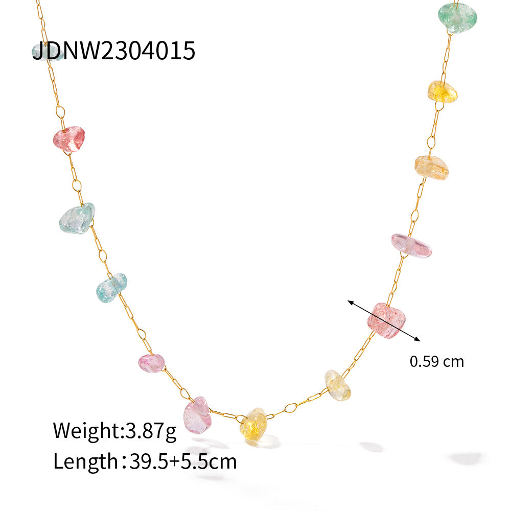 Beach Geometric 18K Gold Plated Stainless Steel Necklace and Colorful Natural Stone Beaded Bracelet Set for Women