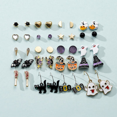 Halloween Pumpkin and Skull Cartoon Stud Earrings Set - 20 Pairs