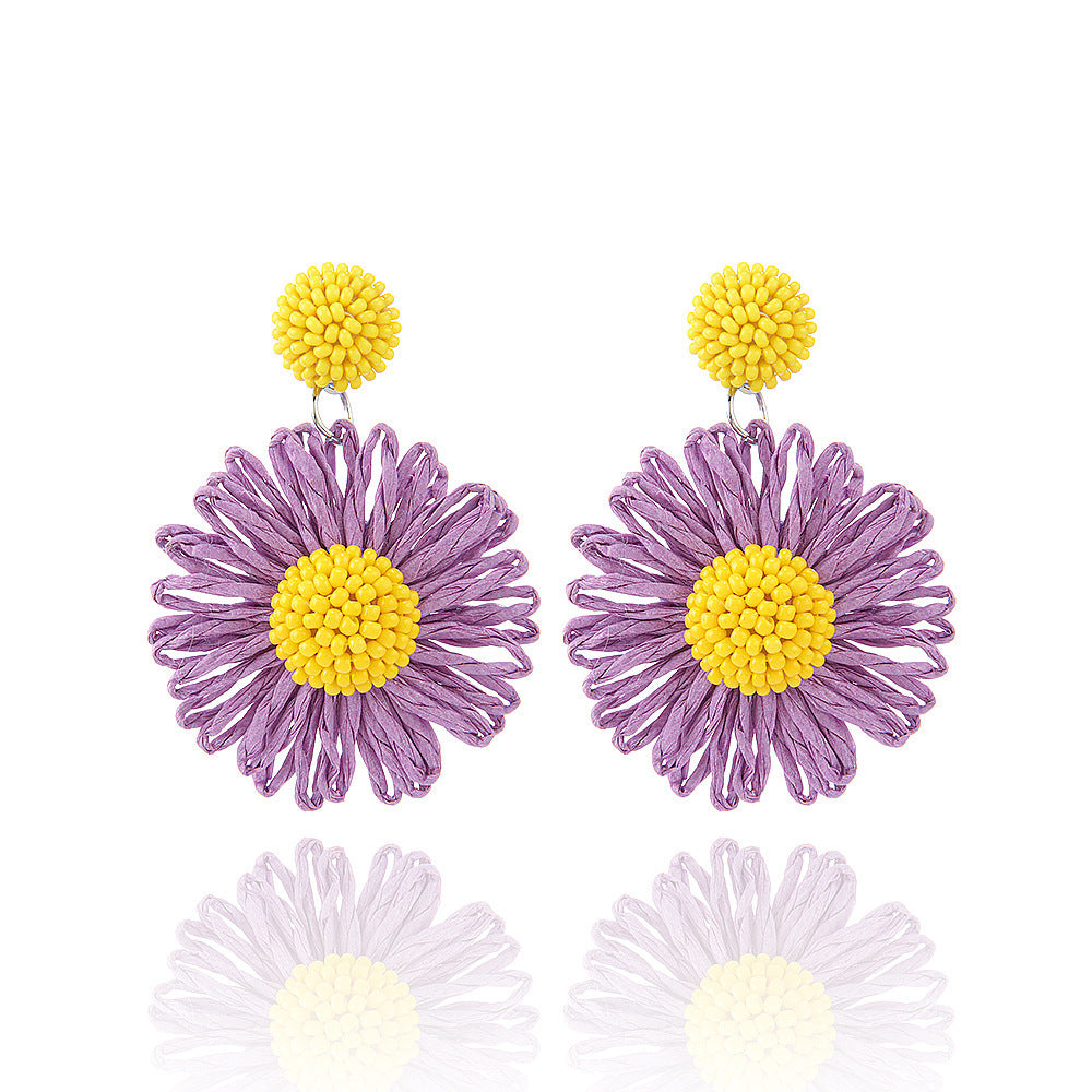 1 Pair Cute Daisy Raffia Flower Drop Earrings for Summer Beach Style