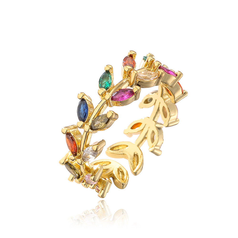 Fashion Geometric Leaf 18k Gold Plated Rainbow Zircon Open Ring