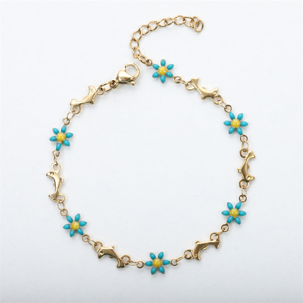 Daisy Dolphin Stainless Steel Bracelet Set with Colorful Enamel and 18k Gold Plating