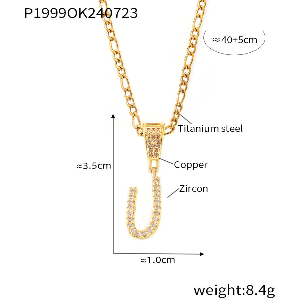 18K Gold Plated Titanium Steel Cursive Letter Pendant Necklace with Zircon Accents