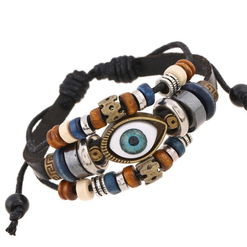 Retro Beaded Eye Leather Bracelet - Adjustable Unisex Jewelry